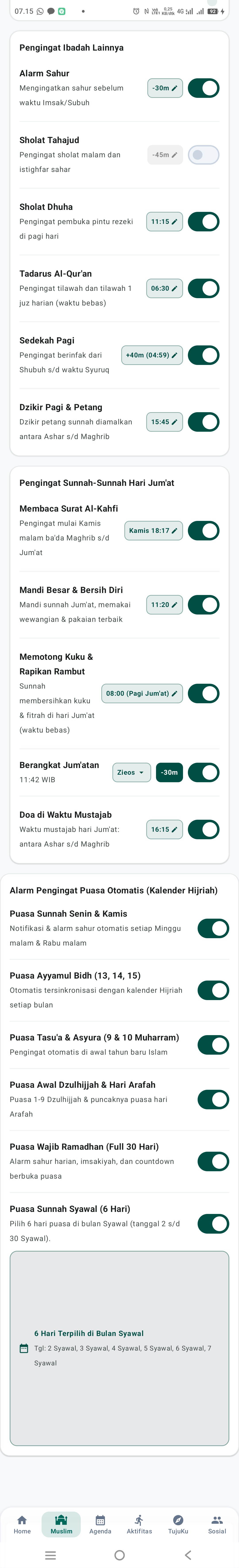 Pengaturan pengingat ibadah dan puasa AlarmOS